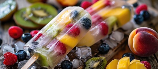 Mixed fruit Popsicles with berries, kiwi, and peaches.