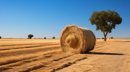 A palm tree against a clear sky bales of hay in the field following harvest
