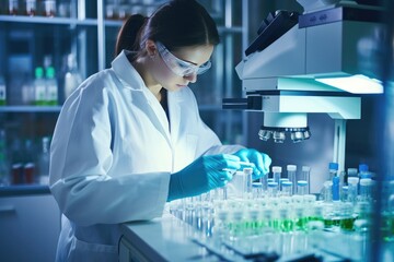Researchers working in a modern pharmaceutical laboratory. Research and creation of innovative in a laboratory of a research institute. Creation of innovative medicines and vaccines. - obrazy, fototapety, plakaty