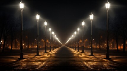A series of identical streetlights creating a captivating pattern on a deserted street