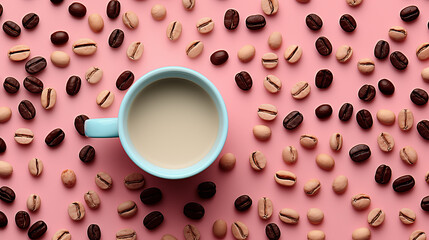 Top view of cup of coffee with milk on pink background with scattered coffee beans - obrazy, fototapety, plakaty