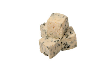 Blue cheese cubes isolated on a white background.