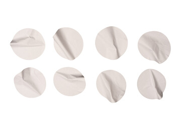 Round white stickers, blank tags labels isolated on a white background.