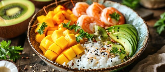 Exotic Hawaiian dish: Shrimp, avocado, rice, mango, kiwi, coconut; beach lunch, tropical food. - obrazy, fototapety, plakaty