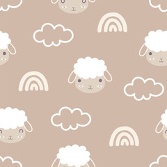 Cute sheep seamless pattern. White lamb, clouds and rainbow. Cartoon animals vector background. Design for prints, fabric, textile, wallpaper, wrapping paper. Vector illustration