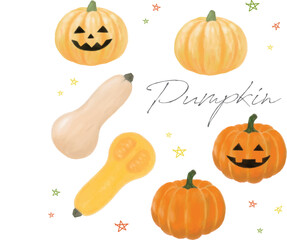 いろいろカボチャの手描き水彩イラストセット
