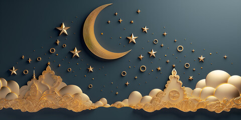 Ramadan Kareem paper cut composition with gold crescent moon and stars on a blue background
