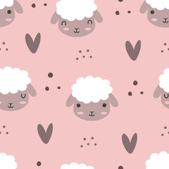 Seamless pattern with cute sheep, heart and dots. Pink childish repeated texture with smiling cartoon character. Vector illustration