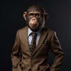 Fototapeta premium A thoughtful figure with a monkey head, dressed in playful yet business-like fashion, reflecting a blend of fun and formality