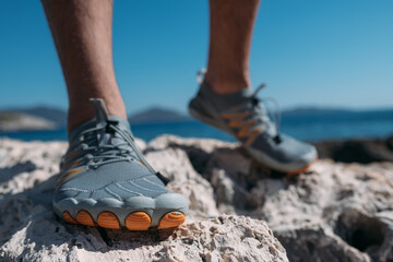 Protective swimming shoes on men's feet.  Close-up. Men's feet in stylish sports water slippers on the rocky seashore. - obrazy, fototapety, plakaty