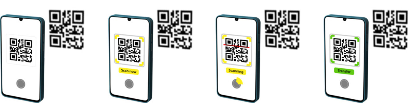 QR code scan to transfer payment. Smart phone digital online bank application. Reading barcode to pay money from credit card or account.