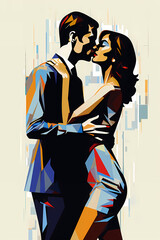 Pop Art couple conversation. Modern man and woman hugging and holding other.