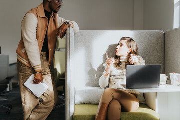 Successful collaboration of multi generational, multicultural team in a modern workplace.