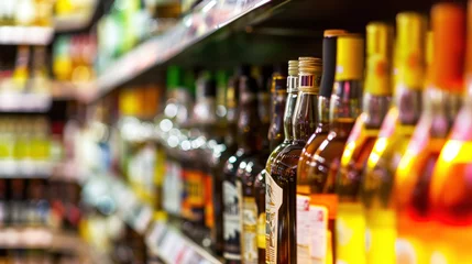 Schilderijen op glas Rows of alcohol bottles on shelf in supermarket © Kondor83