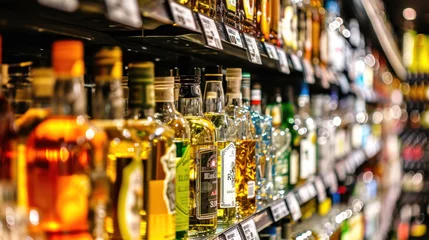 Selbstklebende Fototapeten Rows of alcohol bottles on shelf in supermarket © Kondor83