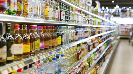 Fototapeta premium Rows of alcohol bottles on shelf in supermarket