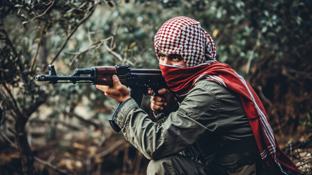 Rebel fighter aiming with assault rifle