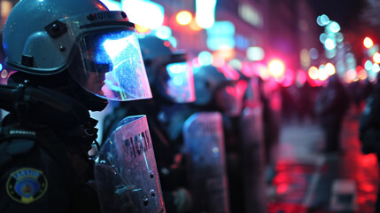 Anti-riot police team with plastic shields