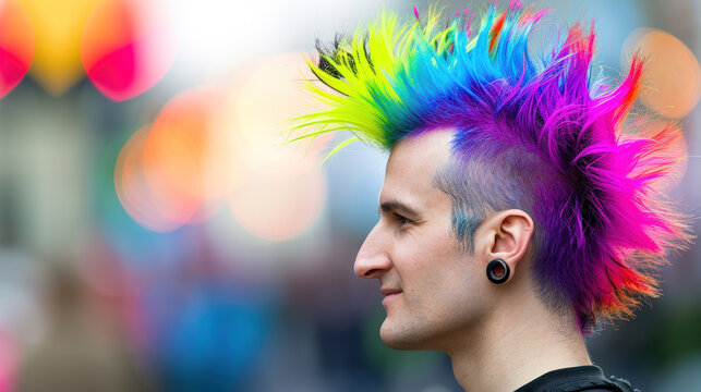 Young male punk with colorful mohawk hairstyle