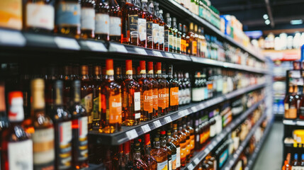 Rows of alcohol bottles on shelf in supermarket - obrazy, fototapety, plakaty