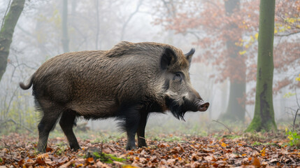 Big wild boar in foggy forest