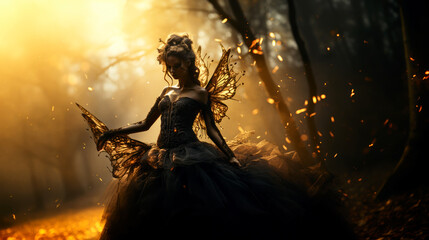 Beautiful dark fairy in forest - obrazy, fototapety, plakaty