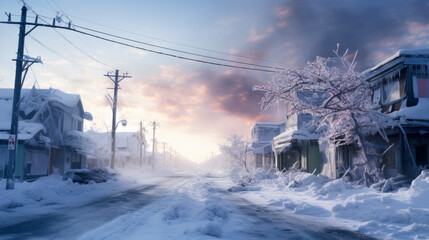 Fototapeta na wymiar Heavy snowfall in residential area, day