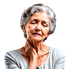 Mulher idosa com dores no pescoço visto de perto, isolado, em fundo transparente, png.