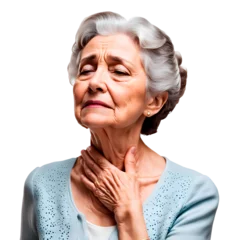 Foto op Plexiglas Mulher idosa com a mão no pescoço visto de perto, isolado, em fundo transparente, png. Idosa com dor de garganta. © SuperTittan