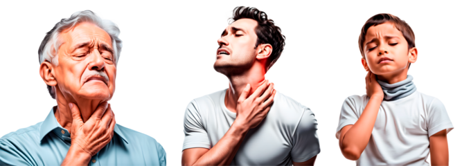 Conjunto de homens com dores no pescoço visto de perto, isolados, em fundo transparente, png - Velho, adulto e garoto.