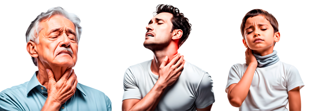 Conjunto de homens com dores no pescoço visto de perto, isolados, em fundo transparente, png - Velho, adulto e garoto.