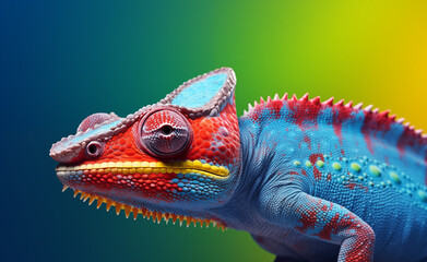 Fototapeta premium Colorful chameleon on a blue background