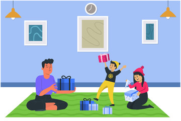 Father is giving gifts to his children. Happy vector illustration.
