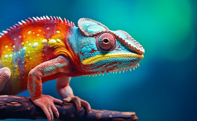 Fototapeta premium Colorful chameleon on a blue background