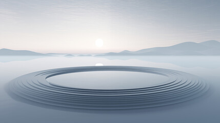 Tranquil Dawn: Soft Grey Ripples in Still Water with Sun Rising over Misty Hills