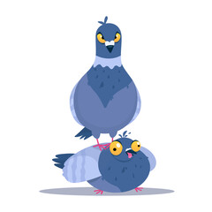funny vector illustration of two pigeons. one pigeon crushes another.Cartoon vector illustration
