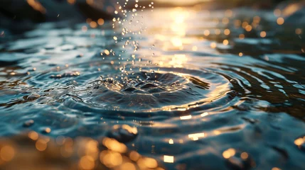 Tuinposter Macrofotografie Golden Sunlight Dancing on Rippling Water Surface