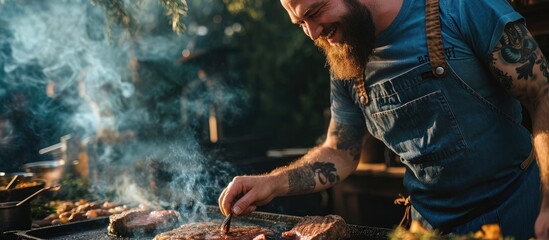 Cooking, a bearded man in a jeans apron and tattooed hand, smiling while grilling meat with oil,...