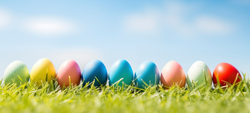 Easter banner with colorful painted eggs in row on green grass, copy space