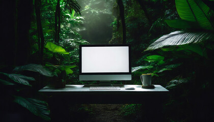 A computer in the forest, green technology  - obrazy, fototapety, plakaty