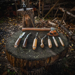 A bushcraft ax and some wood carving tools.