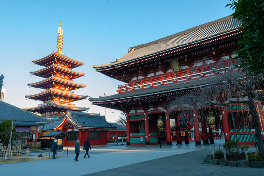 Hozomon Gate and Five Storied Pagoda of Senso-ji Asakusa Kannon Temple in Tokyo, Japan