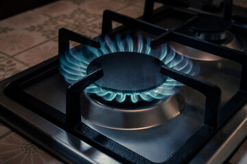 View on burning gas hob or stove top