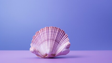 A single seashell on a solid purple surface.