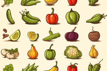Food market kiosk, farmers shop wallpaper illustration, food stall, fruits and vegetables pattern seamless