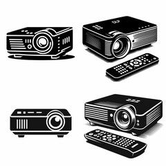 Four black and white icons of movie screen projectors - obrazy, fototapety, plakaty