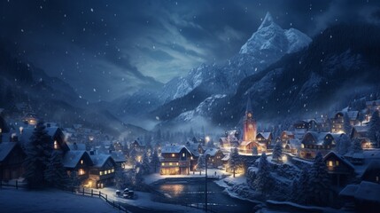 A snow-covered village in the mountains, lights glowing through the snowfall in a blurred scene.