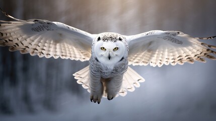 Naklejka premium A snowy owl in flight, its wings creating a graceful and blurred silhouette.