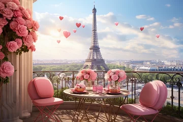 Photo sur Aluminium Tour Eiffel Valentine's Day table set for breakfast for two people decorated with flowers and balloons. Table on the balcony overlooking the Eiffel Tower