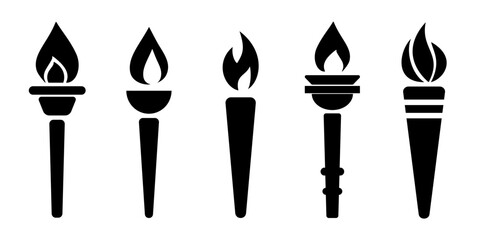 Icons torch with flame logo. Silhouette flaming torch set.